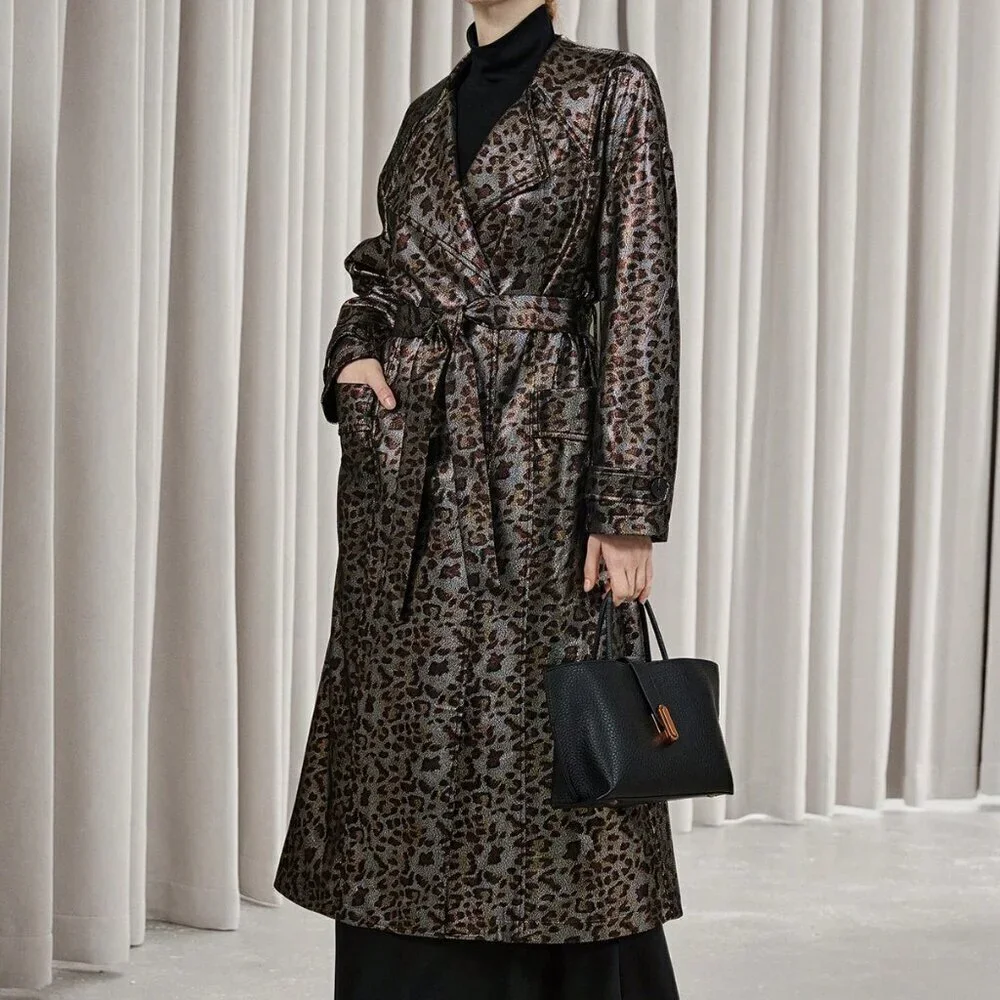 Multicolor Elegant Women's Leopard Print Faux Leather Trench coat / Jacket